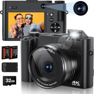 4K Digital Camera, 64MP Rear and Front Camera for Photography and Video Autofocus Anti-Shake, 3'' Selfie Flip Vlogging Camera with Ultra Bright Flash, Camera with Dial 16X Zoom...