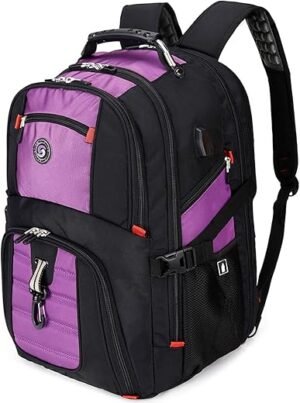 SHRRADOO Extra Large 50L Travel Laptop Backpack with USB Charging Port, College High School Backpack Airline Approved Business Work Bag Fit 17 Inch Laptops for Men Women,Purple