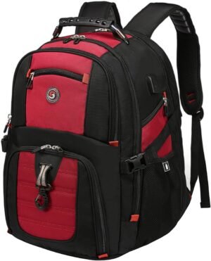 SHRRADOO Extra Large 50L Travel Laptop Backpack with USB Charging Port, College High School Backpack Airline Approved Business Work Bag Fit 17 Inch Laptops for Men Women,Red