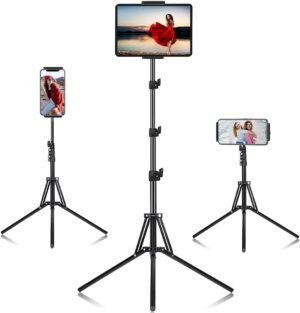 Tripod Floor Stand, with 65 inch Height Adjustable Stand Holder & 360° Rotating iPad Tripod Mount for iPad Pro, iPhone, Kindle, and All 4.5-12.9 Inch Tablets